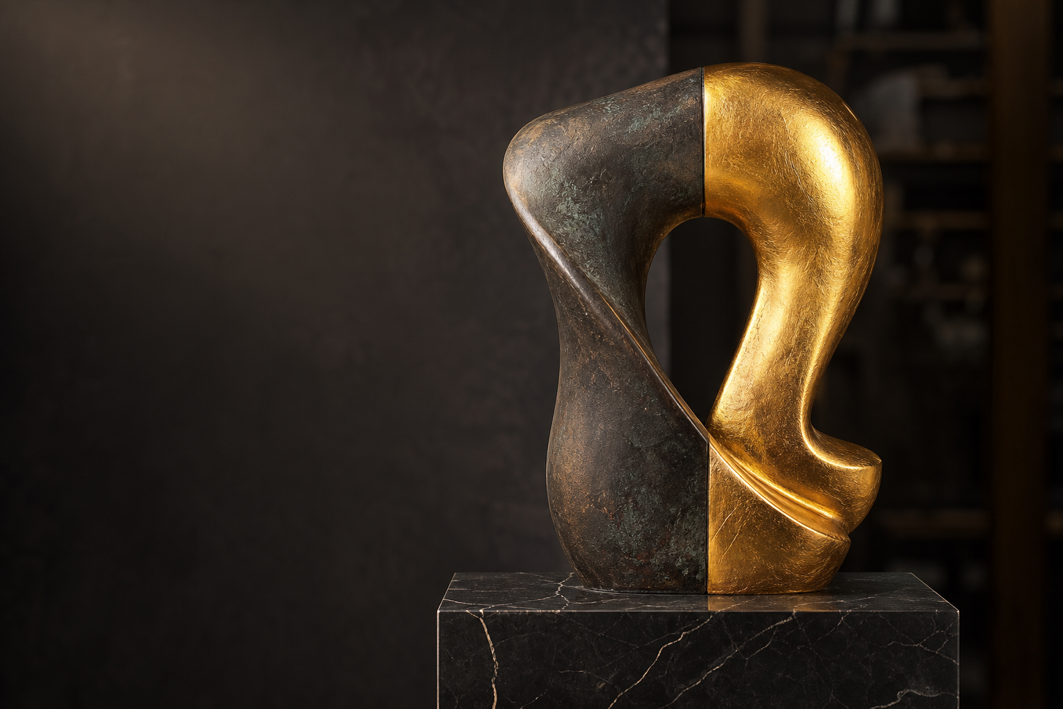 vergoldete Skulptur im schwarzen Studio