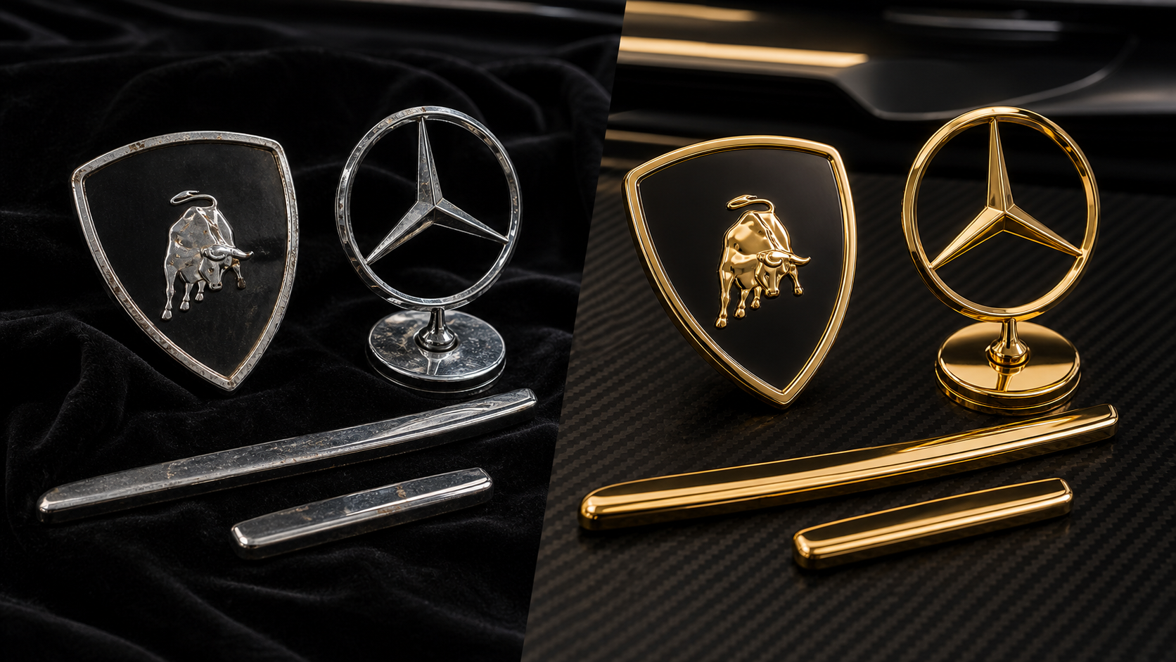 Auto Emblem vergolden lassen - Showcar Emblem und Zierteile vor und nach der Vergoldung