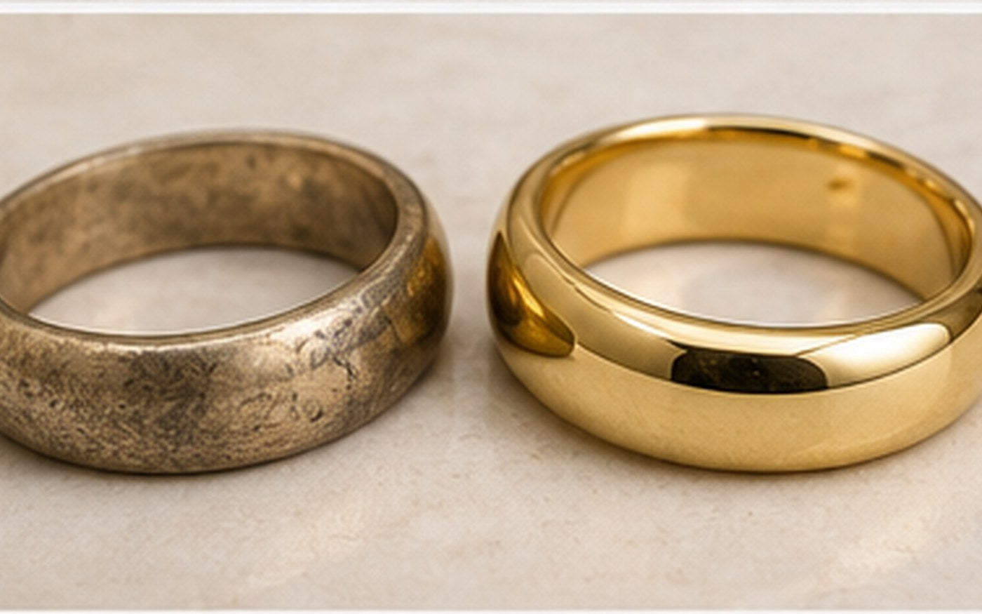 Schmuck aufbereiten - zerkratzter Ring vor Politur und neuer Goldwirkung