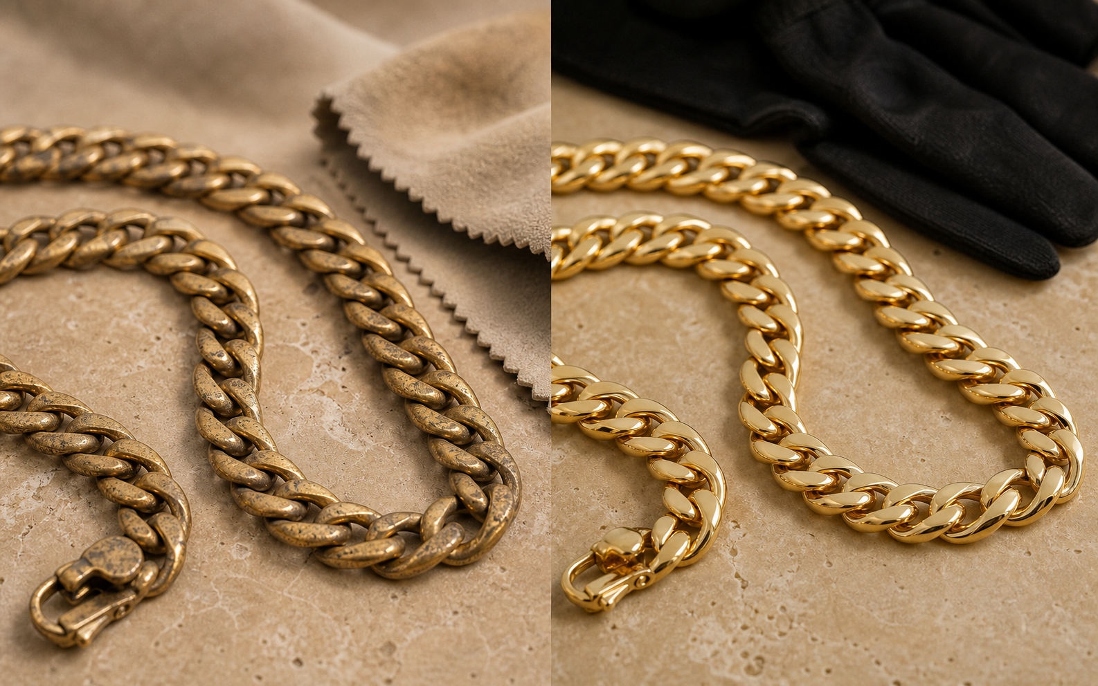 Kette polieren lassen vorher nachher matte Goldkette und aufgearbeitete Kette