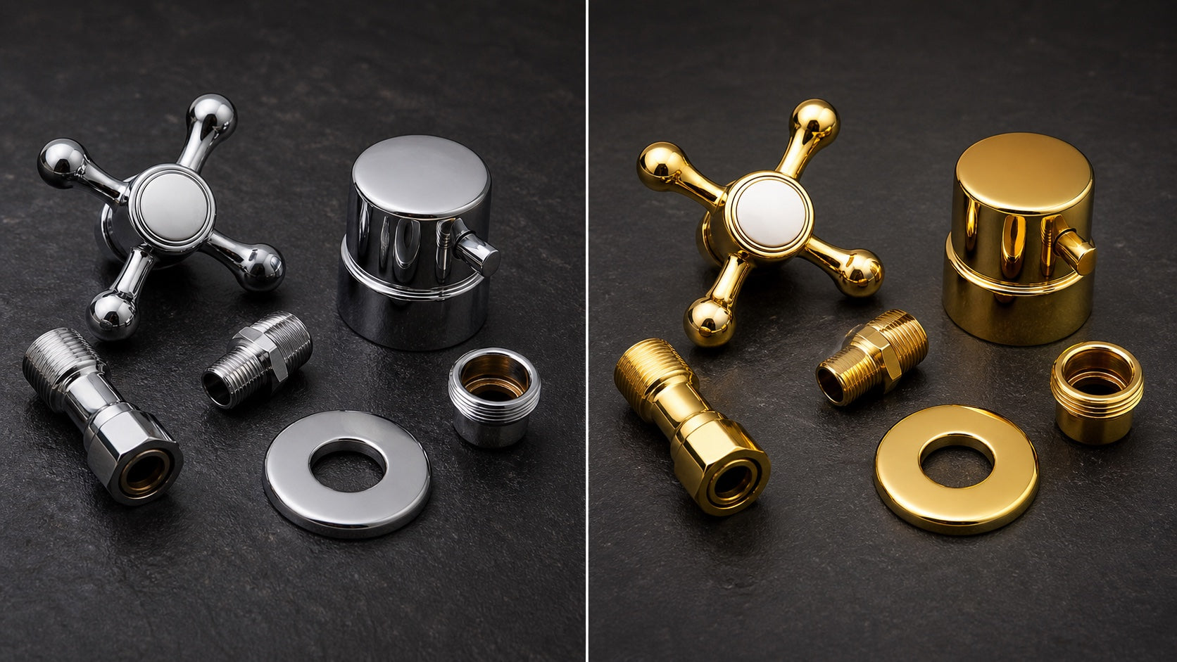 Chrom vergolden lassen - Armatur und Chromteil vor und nach Goldveredelung