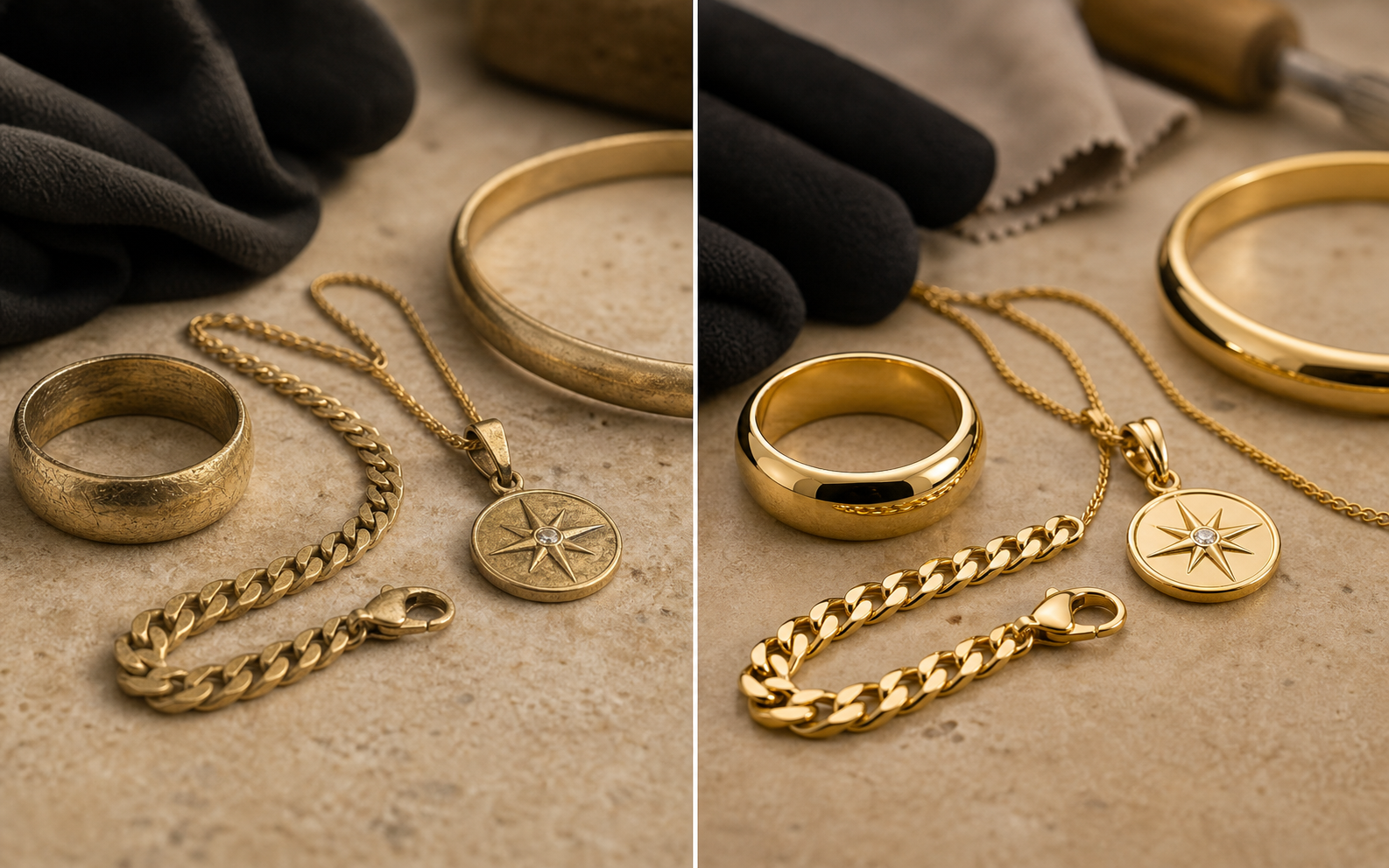Schmuck polieren lassen vorher nachher Ring Kette Anhänger und Armband