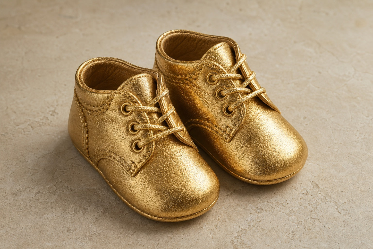Paar vergoldete Babyschuhe mit sichtbaren Nähten und Schnürung