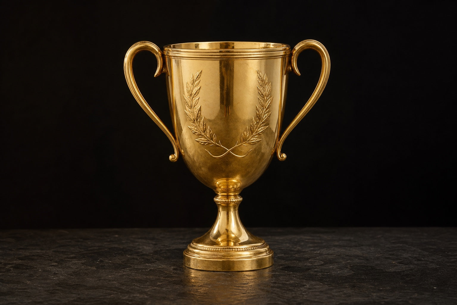 Vergoldeter Pokal mit zwei Henkeln auf dunklem Stein