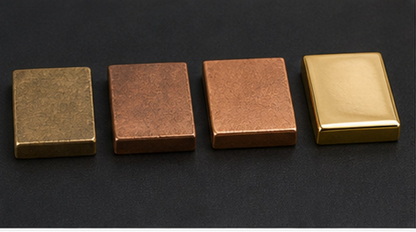 Messing Kupfer und Edelstahl vergolden - Materialproben vor und nach Goldfinish