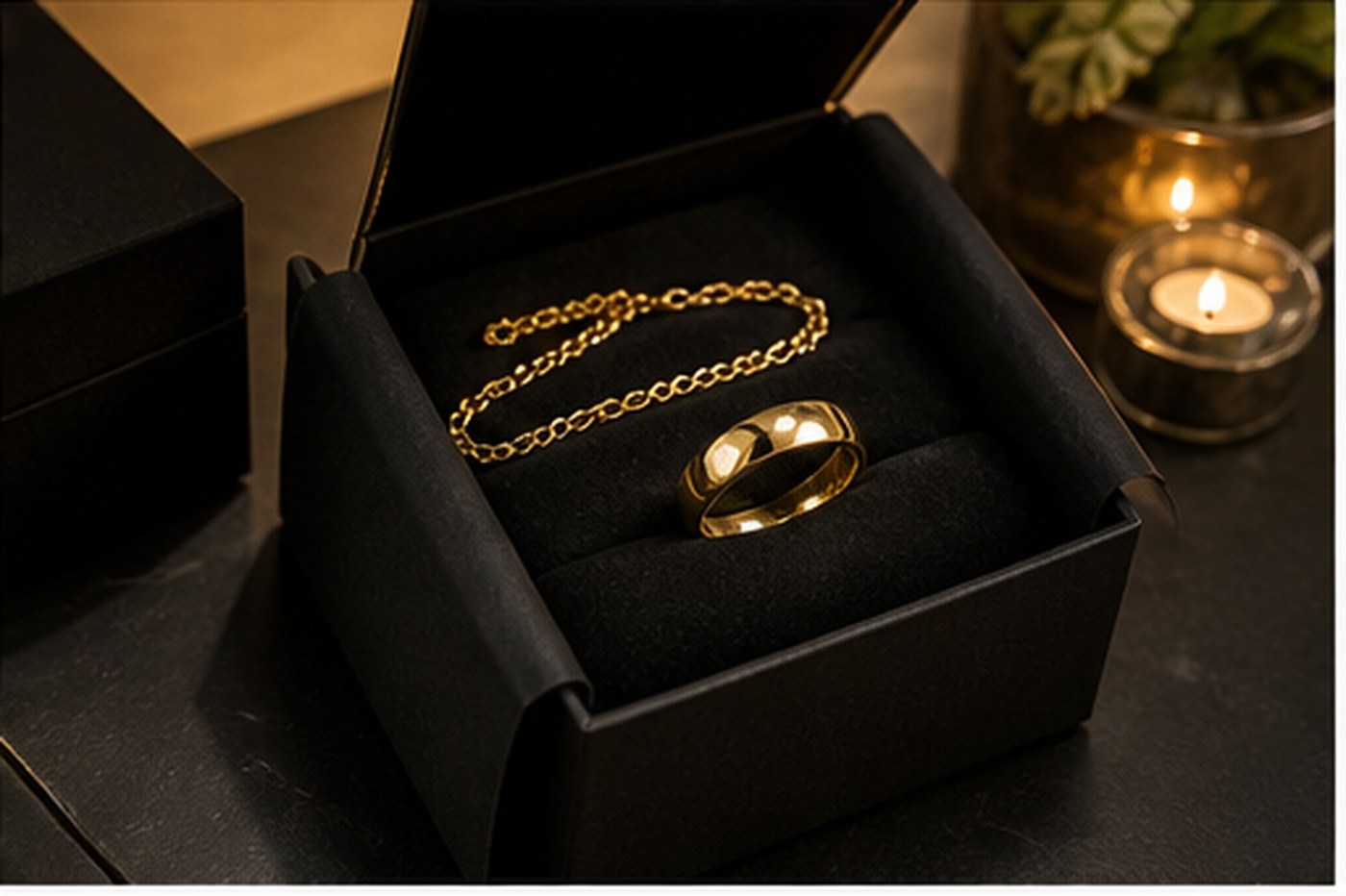 Vergoldeter Schmuck sicher zurueckgesendet - Ring und Kette im Etui